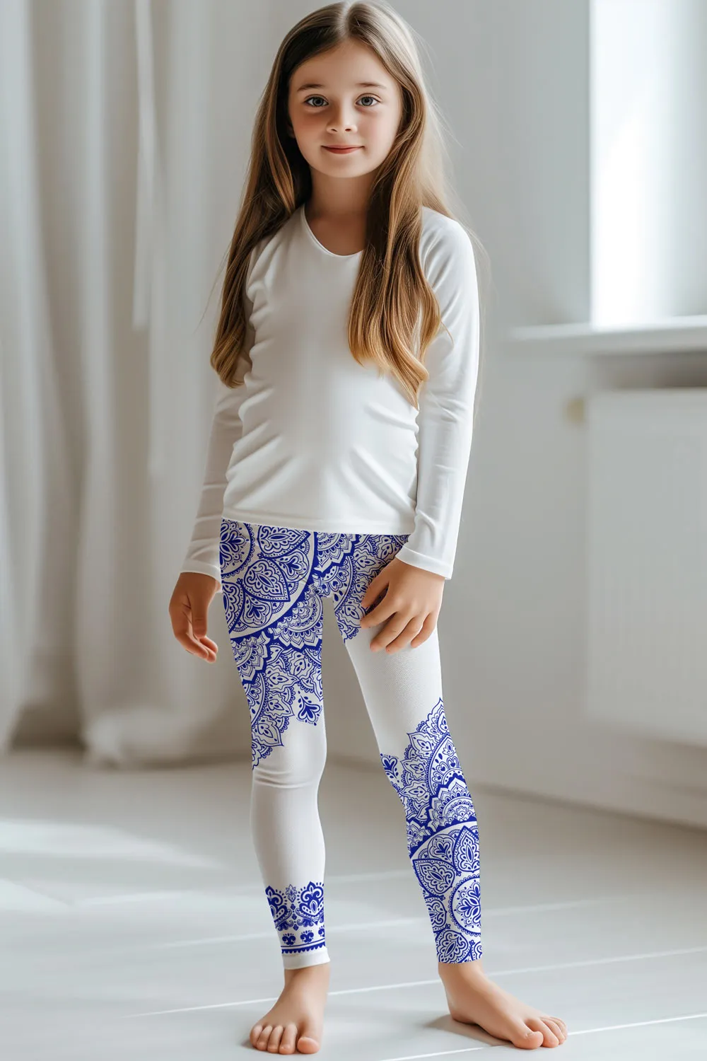 Nirvana Lucy White Blue Geometric Boho Print Trendy Leggings - Kids