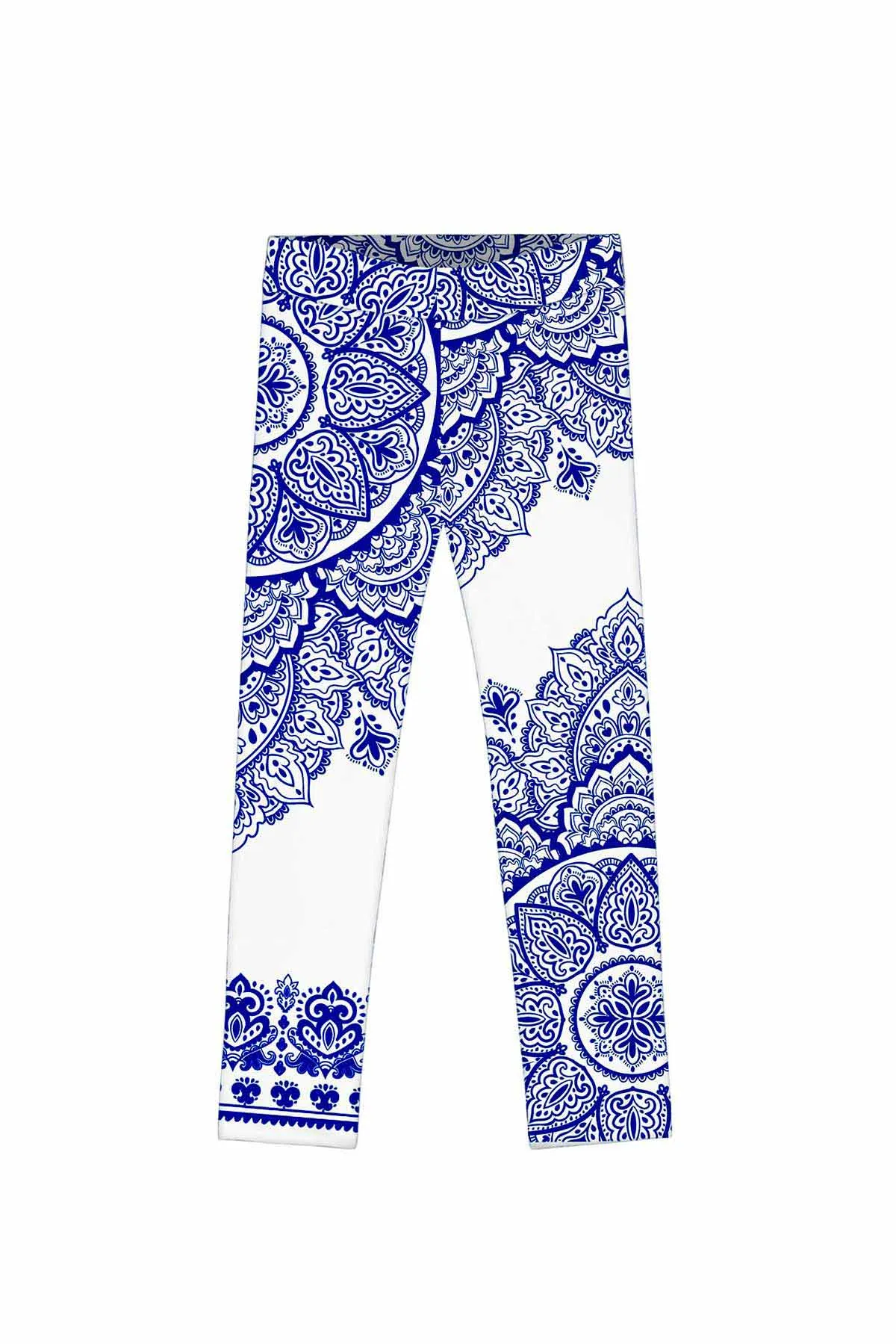 Nirvana Lucy White Blue Geometric Boho Print Trendy Leggings - Kids