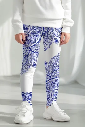 Nirvana Lucy White Blue Geometric Boho Print Trendy Leggings - Kids