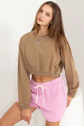 Round Neck Long Sleeve Cropped Sweatshirt