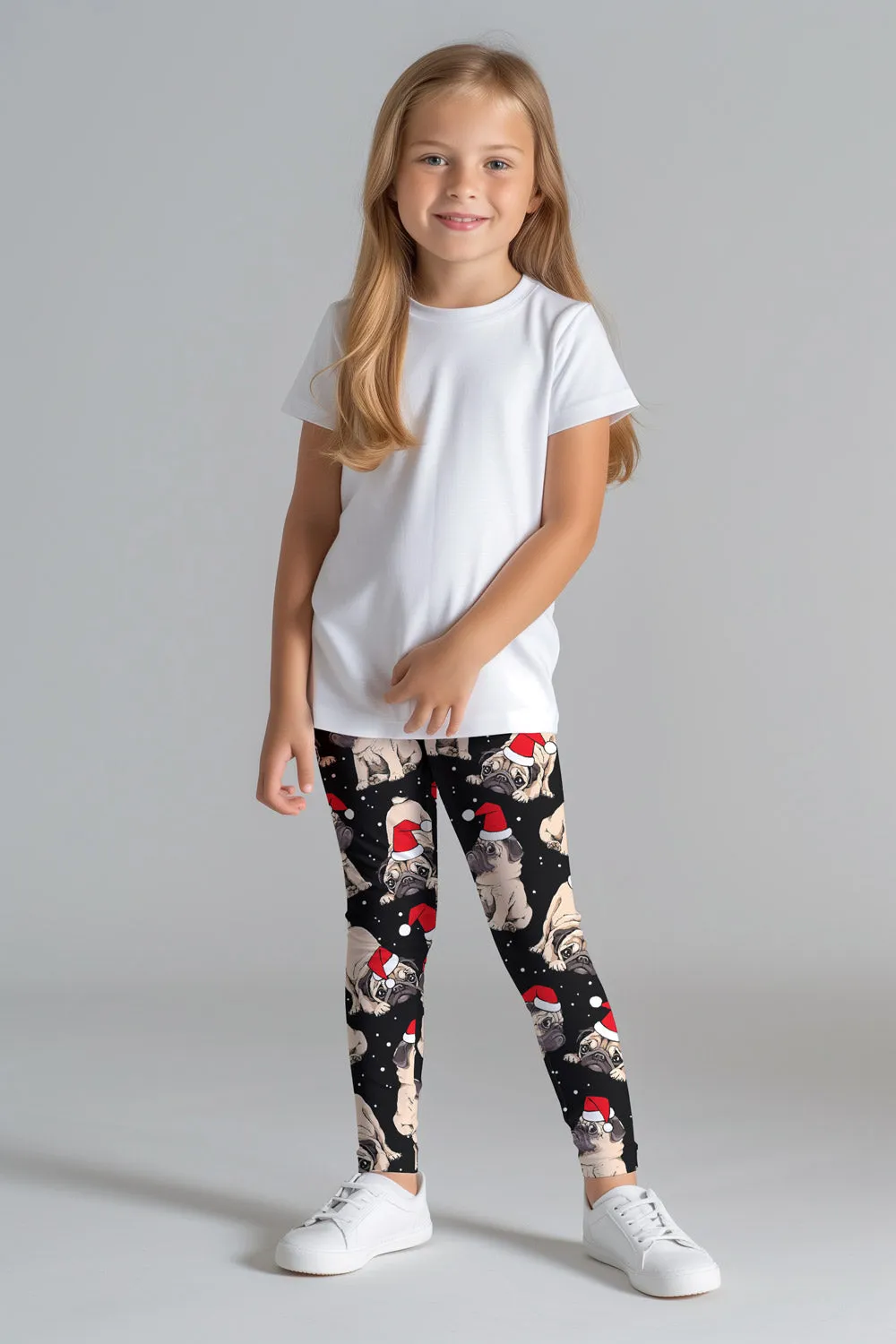 Santa Puglaus Lucy Black Dog Christmas Holiday Winter Leggings - Girls