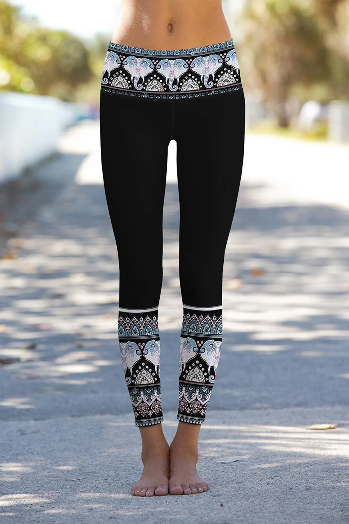 Sri Lanka Lucy Black Boho Elephant Print Leggings Yoga Pants - Women