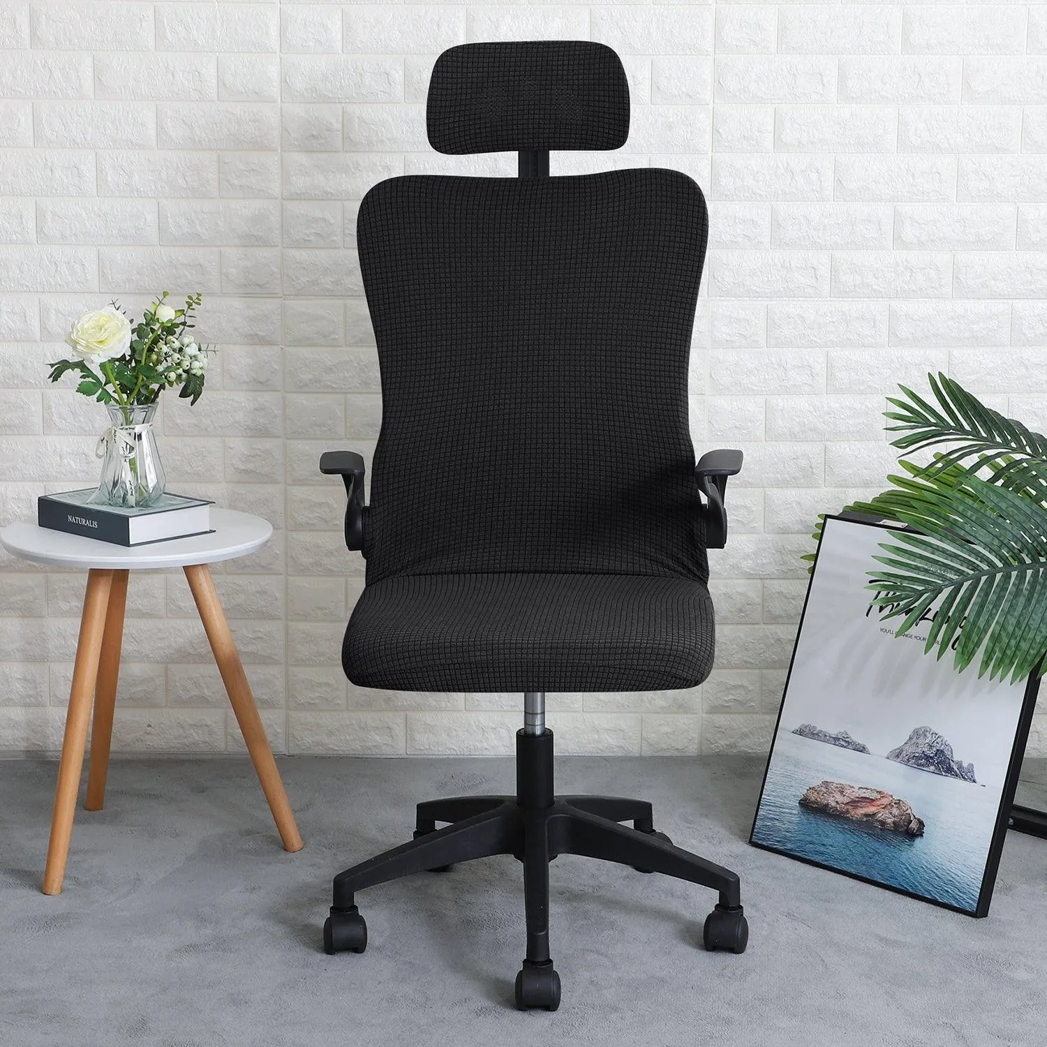 Stretchable Jacquard  Office Boss Chair Seat Chair Cover with Headrest Cover for Computer Desk Chair, Black