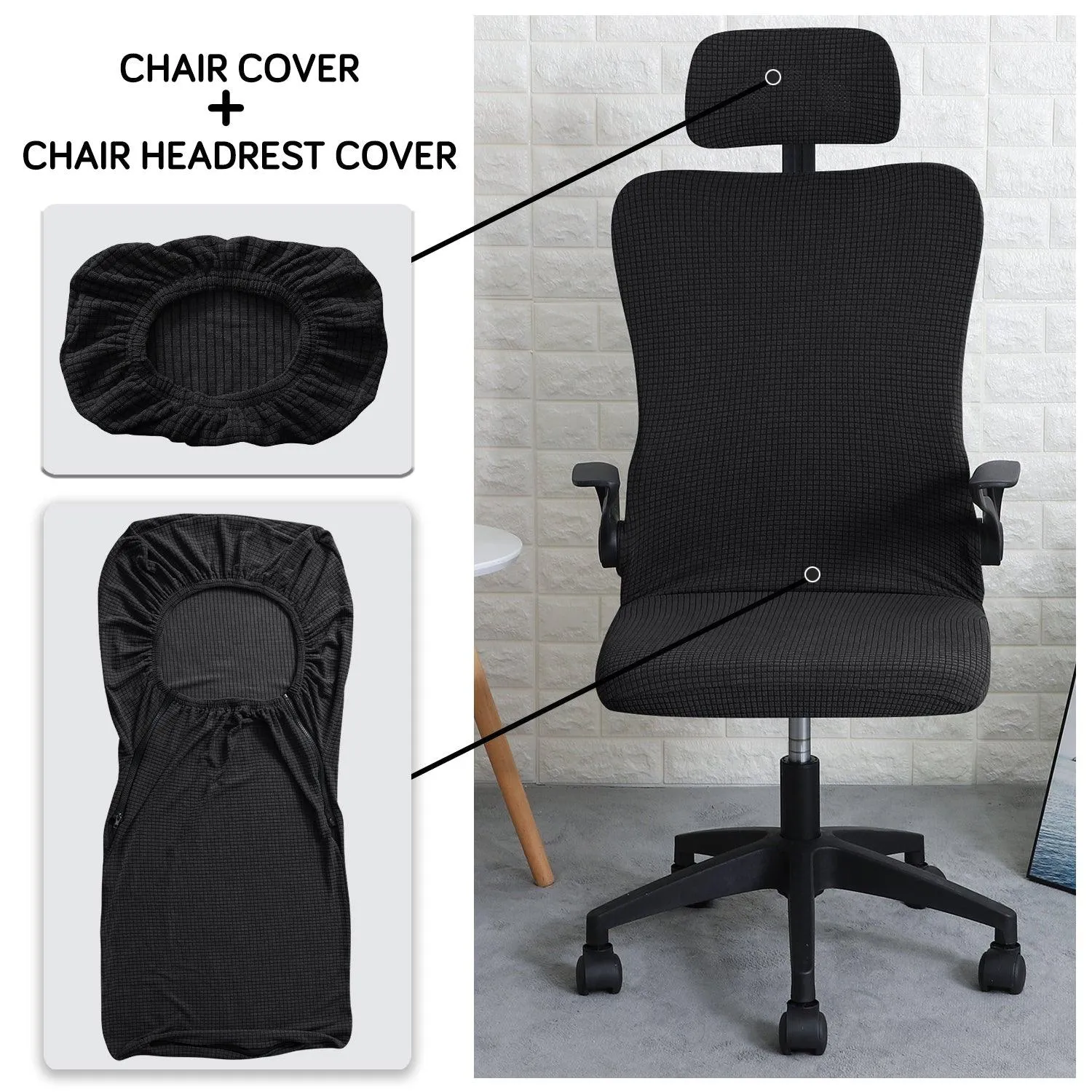 Stretchable Jacquard  Office Boss Chair Seat Chair Cover with Headrest Cover for Computer Desk Chair, Black