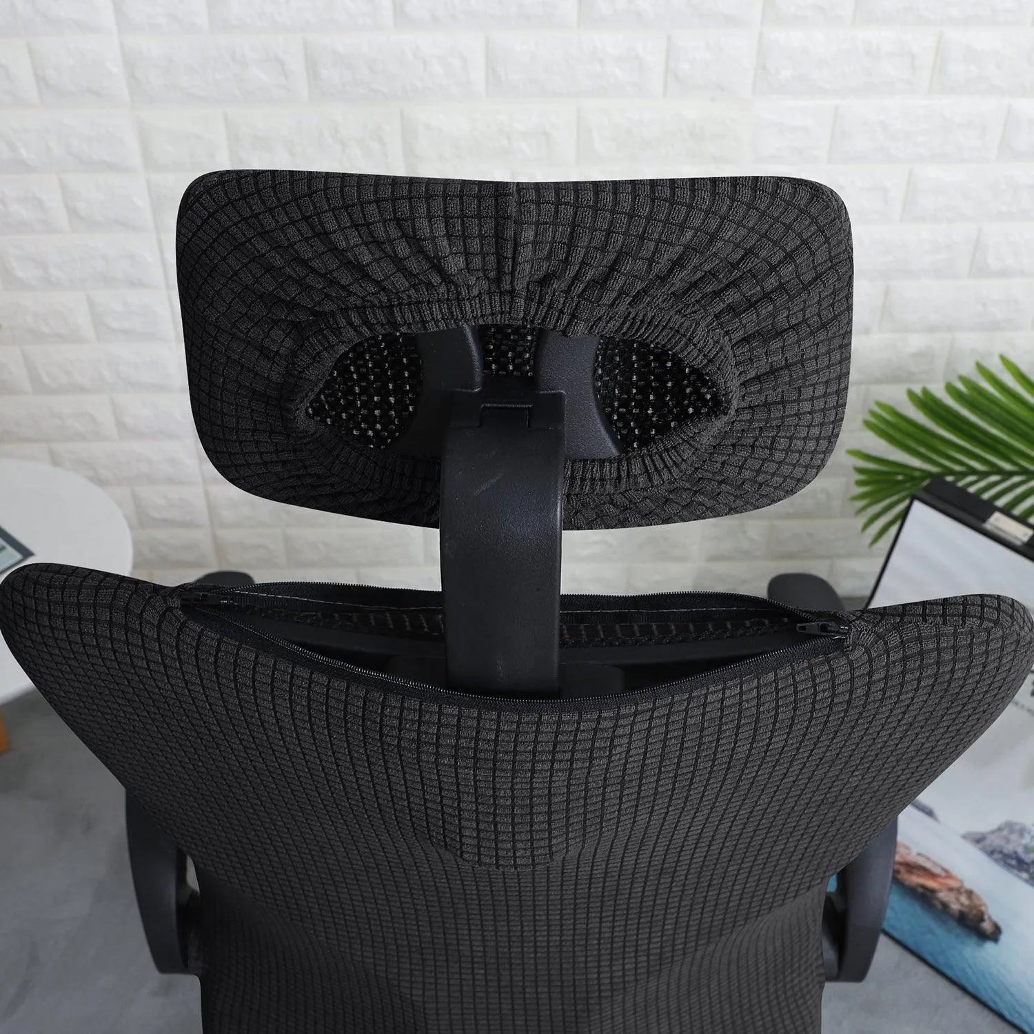 Stretchable Jacquard  Office Boss Chair Seat Chair Cover with Headrest Cover for Computer Desk Chair, Black