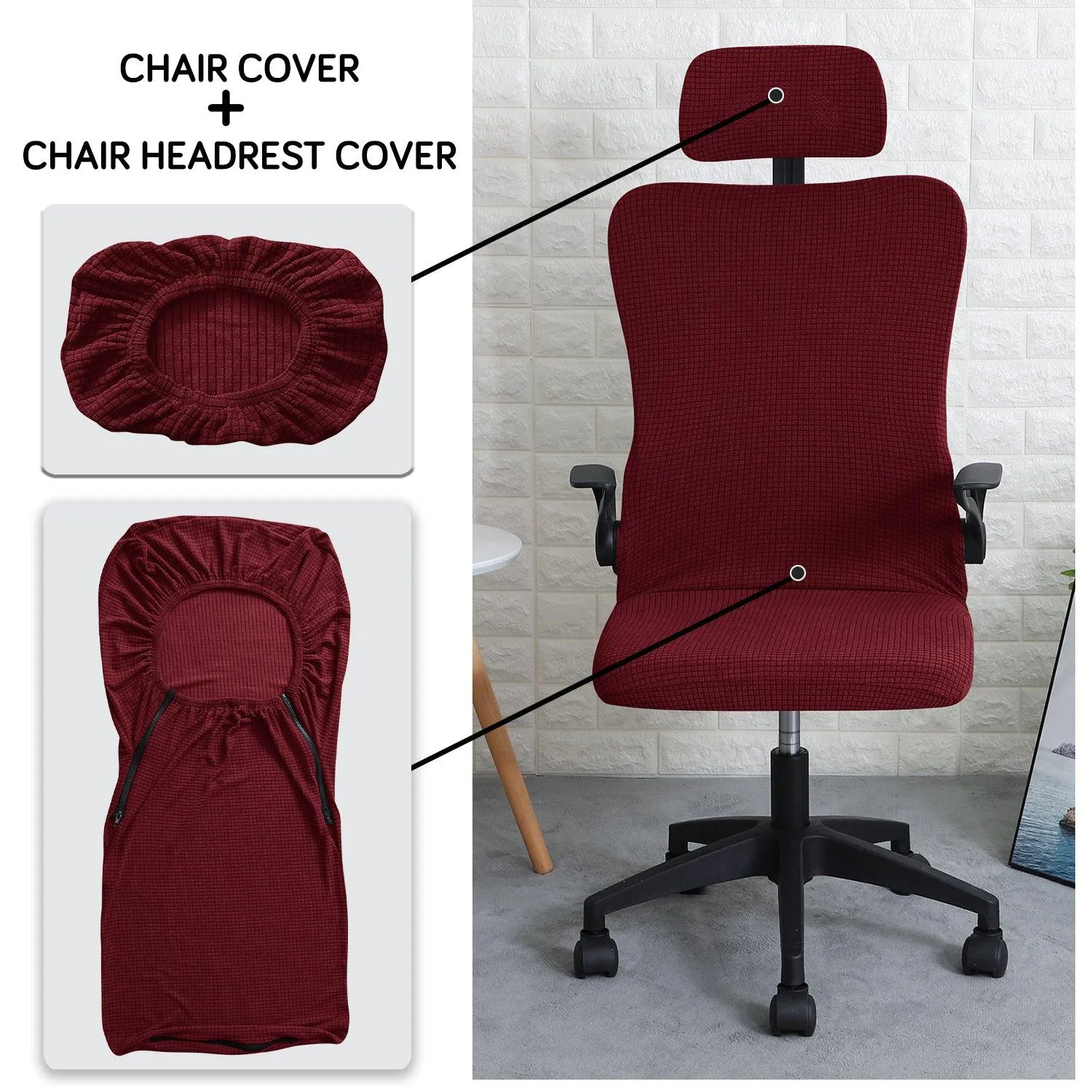 Stretchable Jacquard Office Boss Chair Seat Cover with Headrest Cover for Computer Desk Chair, Burgundy