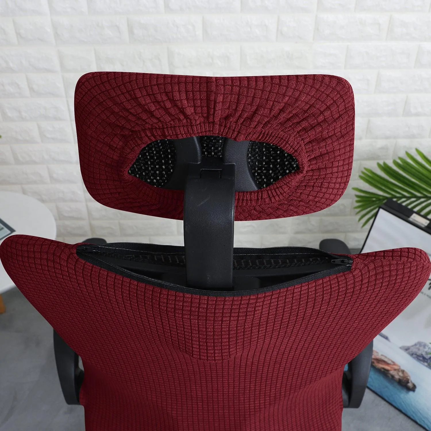 Stretchable Jacquard Office Boss Chair Seat Cover with Headrest Cover for Computer Desk Chair, Burgundy