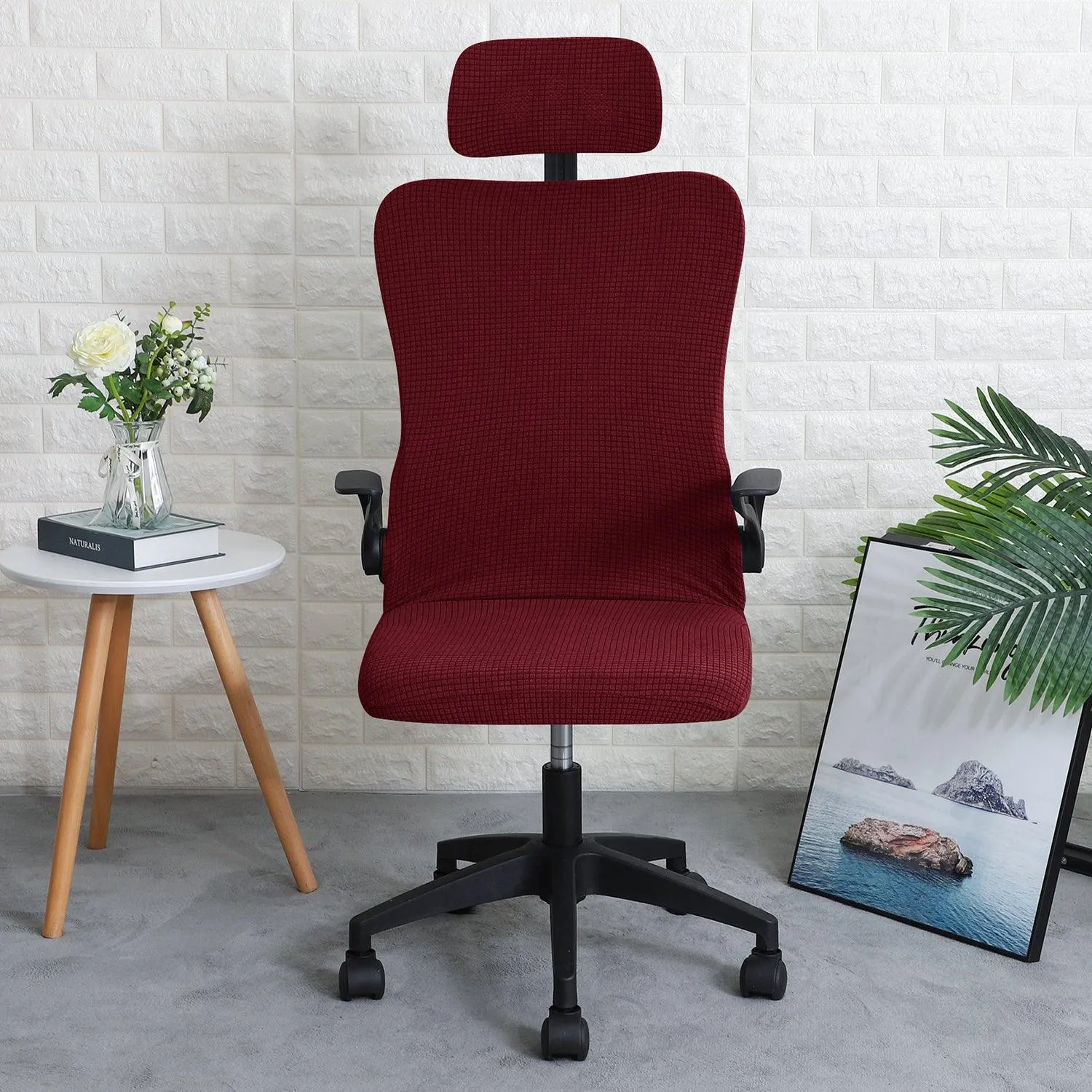 Stretchable Jacquard Office Boss Chair Seat Cover with Headrest Cover for Computer Desk Chair, Burgundy