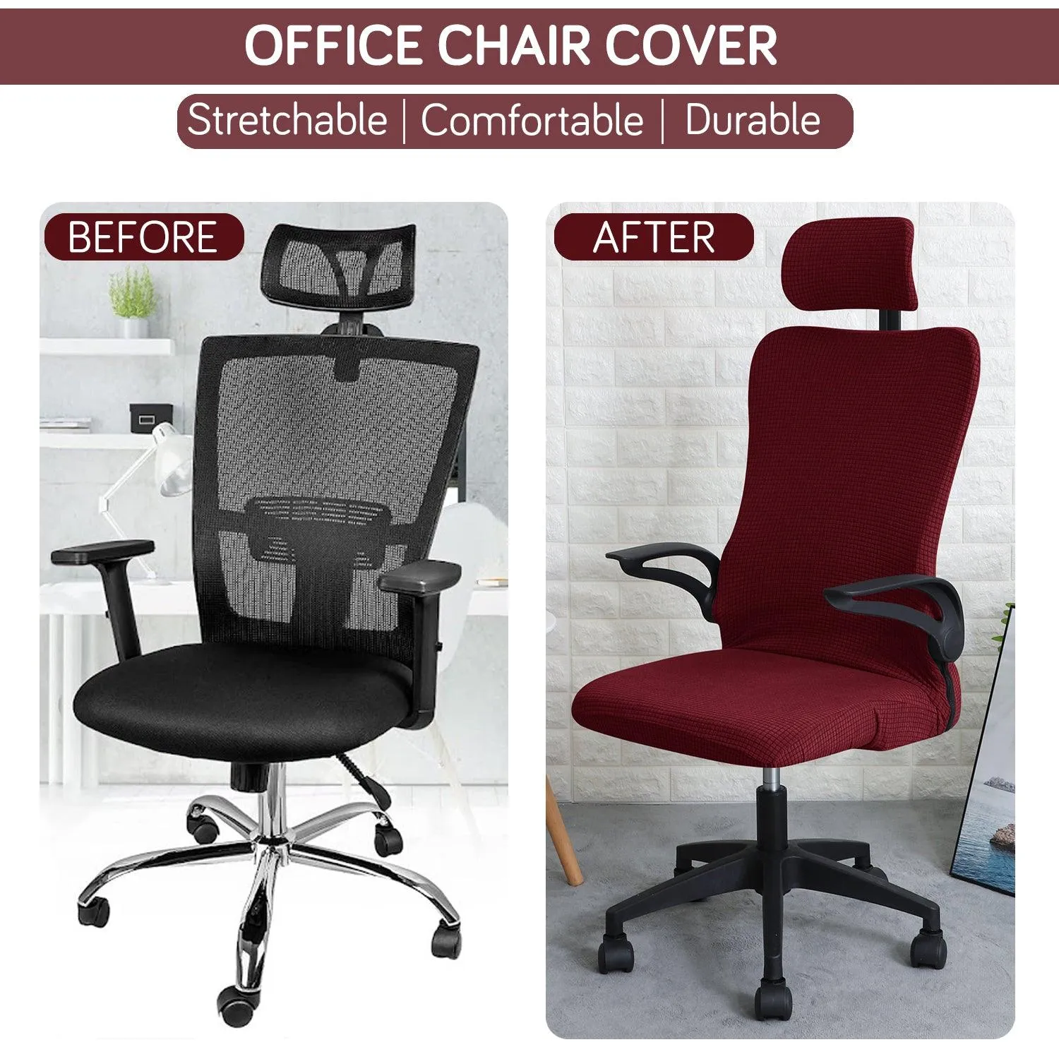 Stretchable Jacquard Office Boss Chair Seat Cover with Headrest Cover for Computer Desk Chair, Burgundy