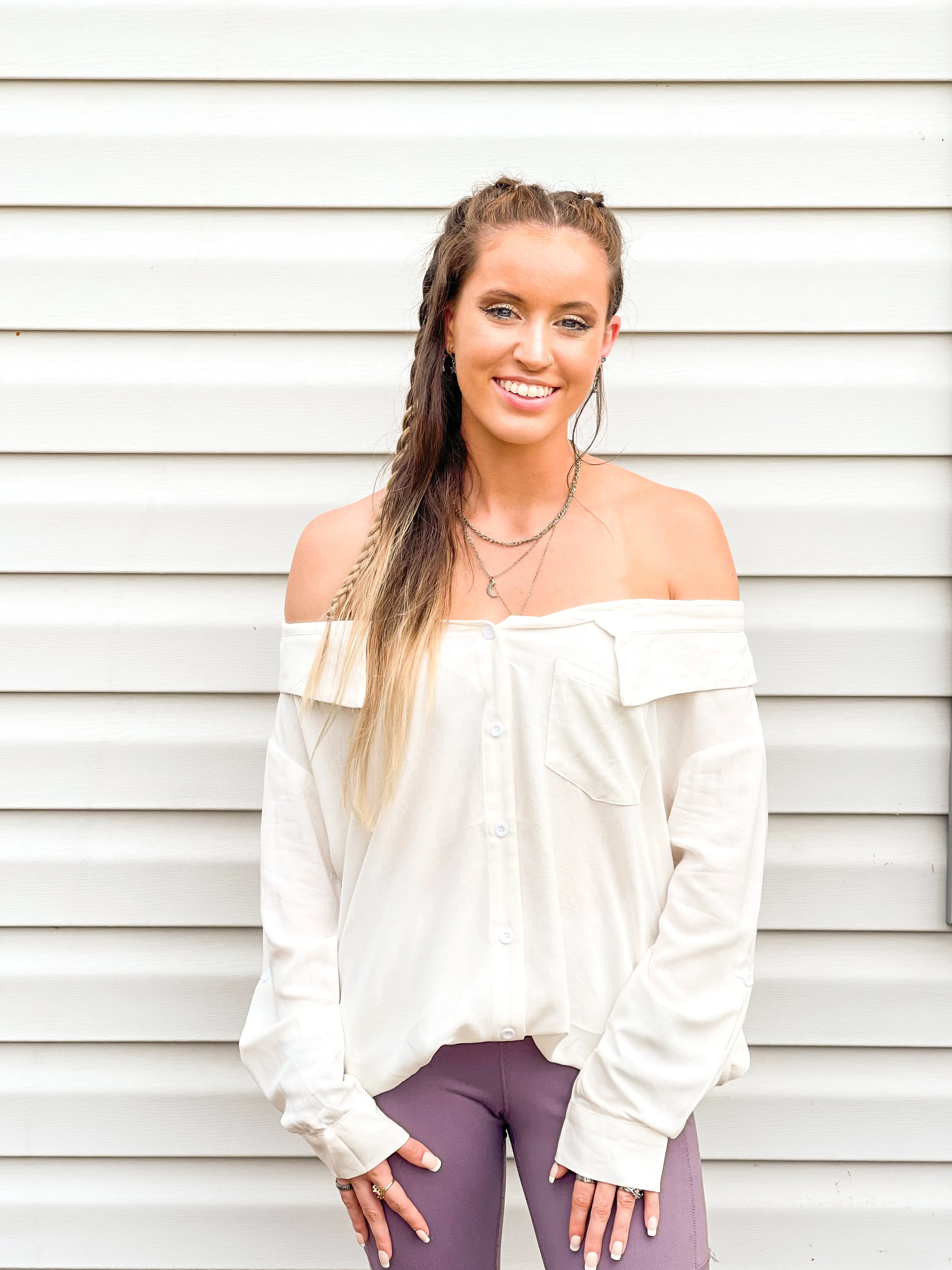 Surf Shop Lacy Off-the-Shoulder Button Down