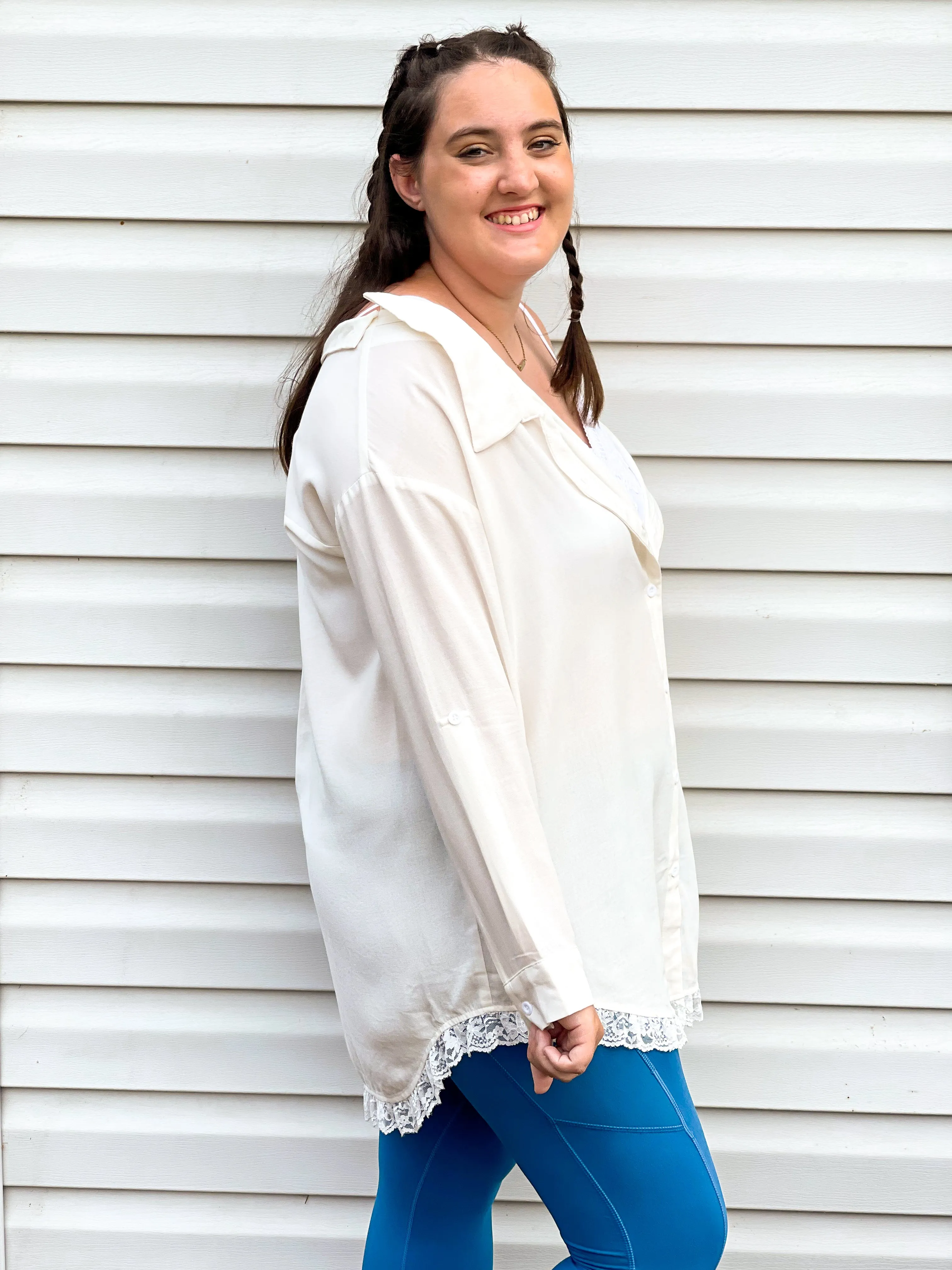 Surf Shop Lacy Off-the-Shoulder Button Down