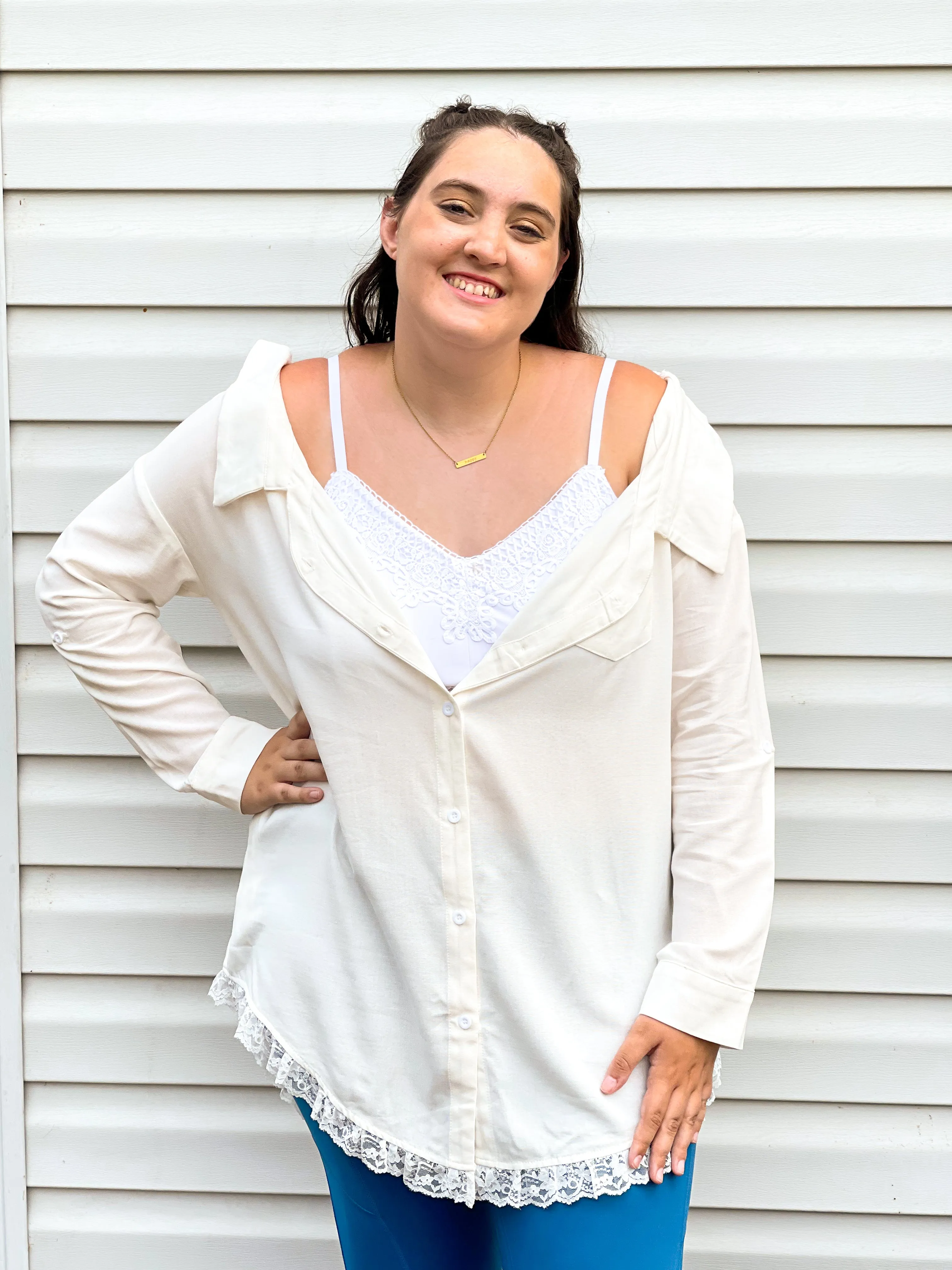 Surf Shop Lacy Off-the-Shoulder Button Down