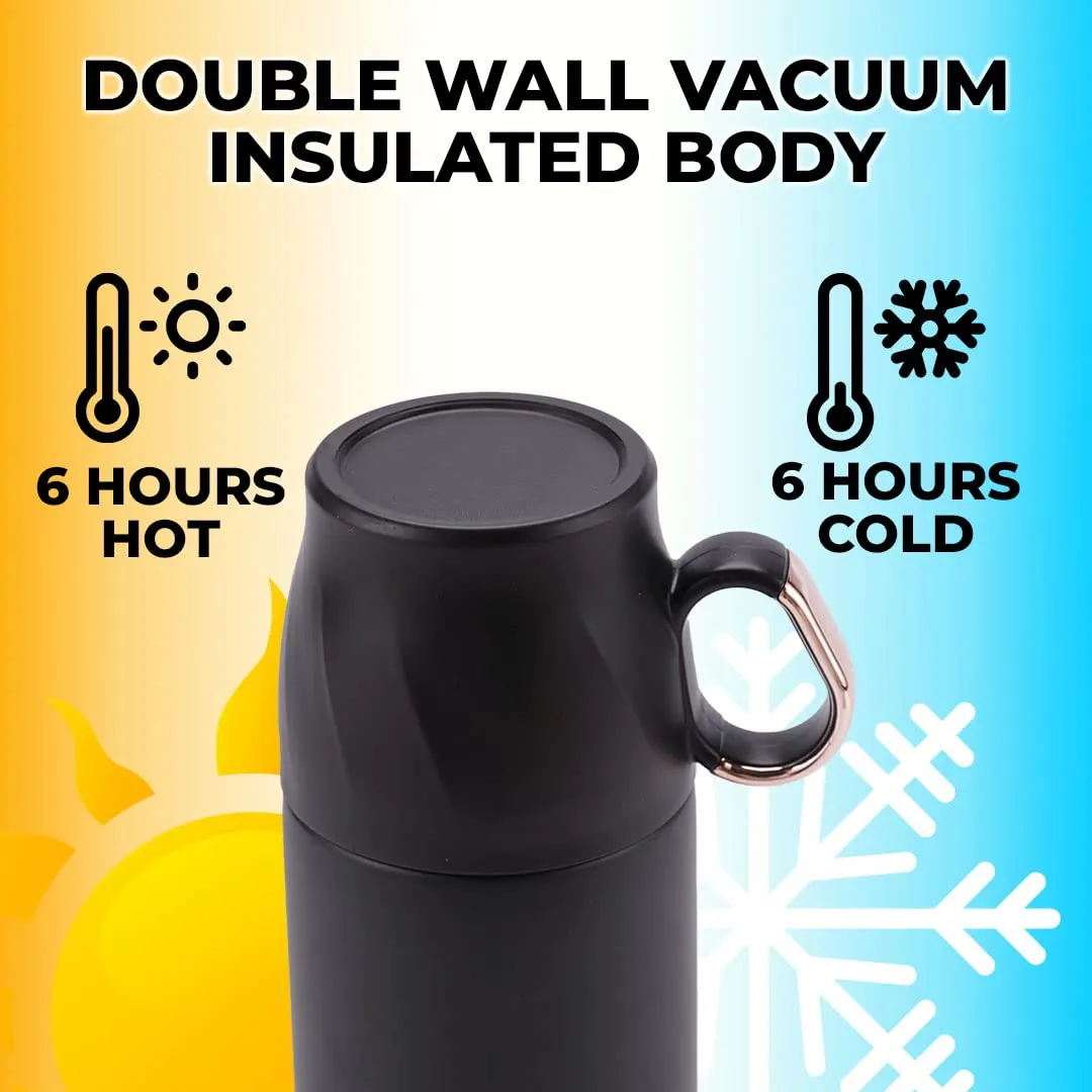 The Better Home Insulated Flask 500ml with Cup, Thermos Flask, Coffee Flask & Tea Flask for Home & Office Use, Leak Proof & Rust Proof Small Flask, 6 Hours Hot & Cold (Black, Stainless Steel)