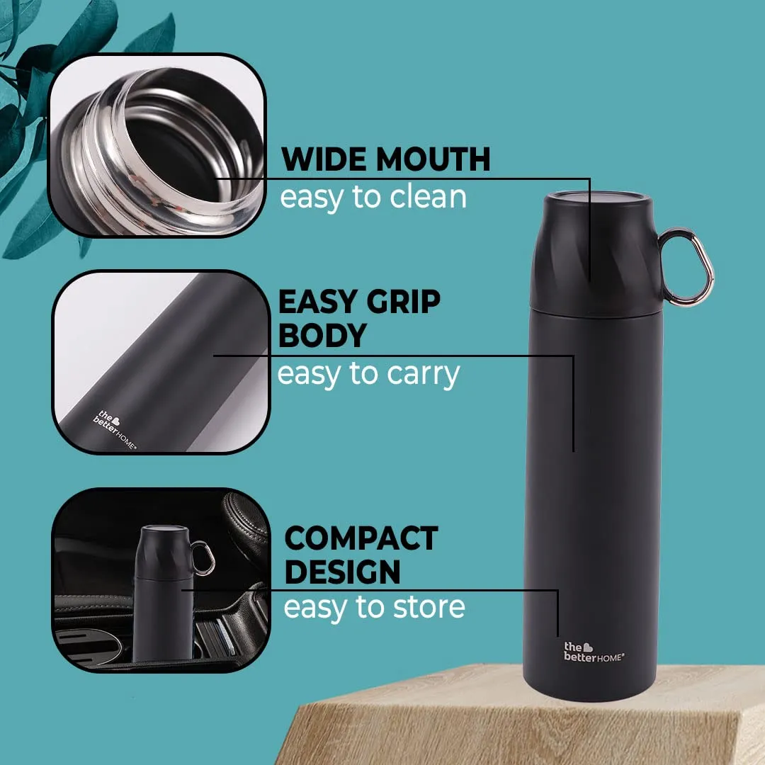 The Better Home Insulated Flask 500ml with Cup, Thermos Flask, Coffee Flask & Tea Flask for Home & Office Use, Leak Proof & Rust Proof Small Flask, 6 Hours Hot & Cold (Black, Stainless Steel)