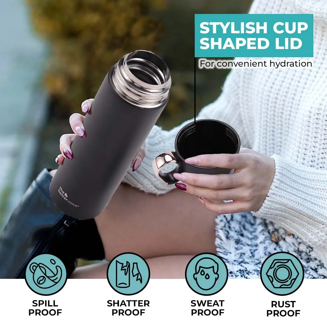 The Better Home Insulated Flask 500ml with Cup, Thermos Flask, Coffee Flask & Tea Flask for Home & Office Use, Leak Proof & Rust Proof Small Flask, 6 Hours Hot & Cold (Black, Stainless Steel)