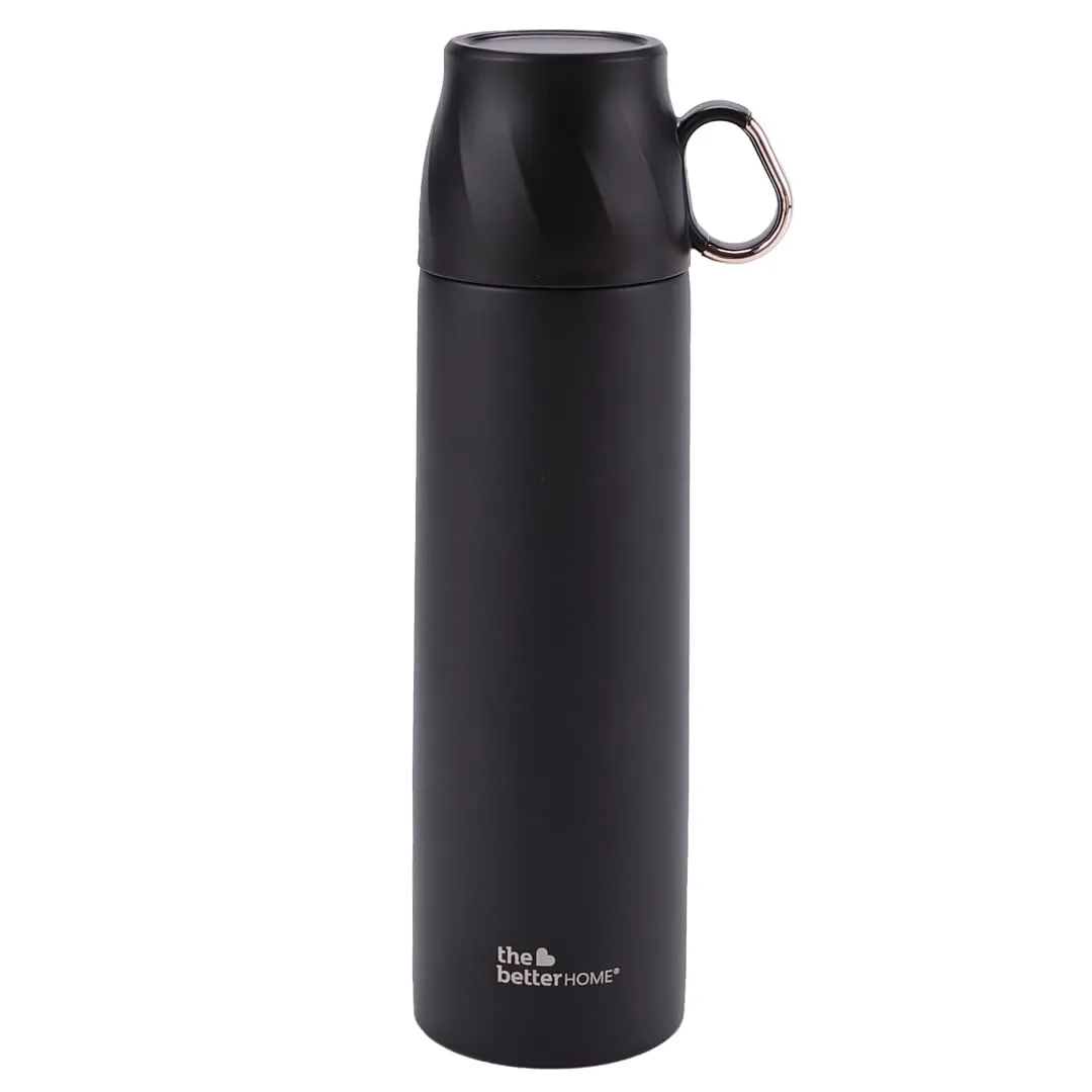 The Better Home Insulated Flask 500ml with Cup, Thermos Flask, Coffee Flask & Tea Flask for Home & Office Use, Leak Proof & Rust Proof Small Flask, 6 Hours Hot & Cold (Black, Stainless Steel)