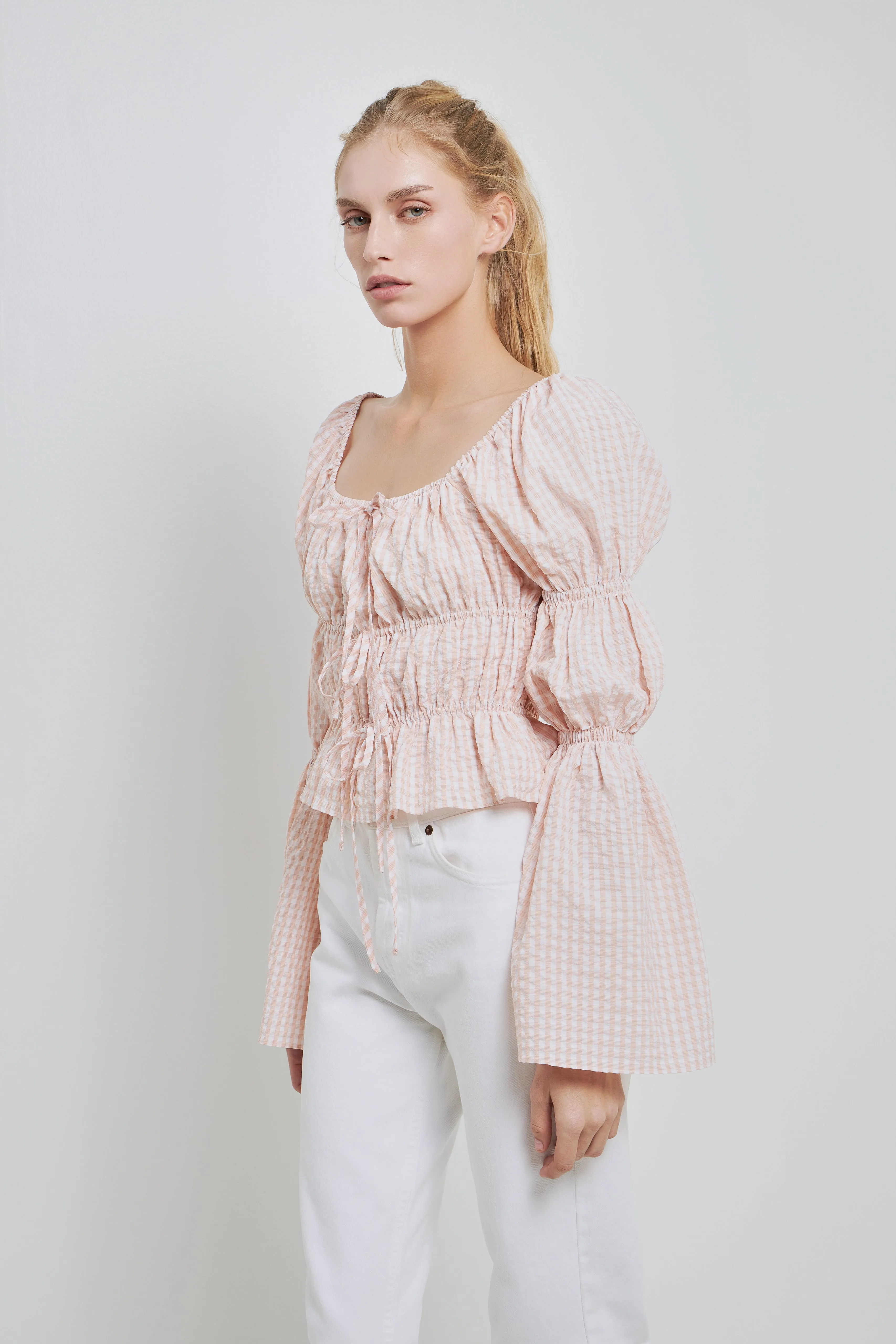 Tie Detailed Shirring Top with Long Sleeves