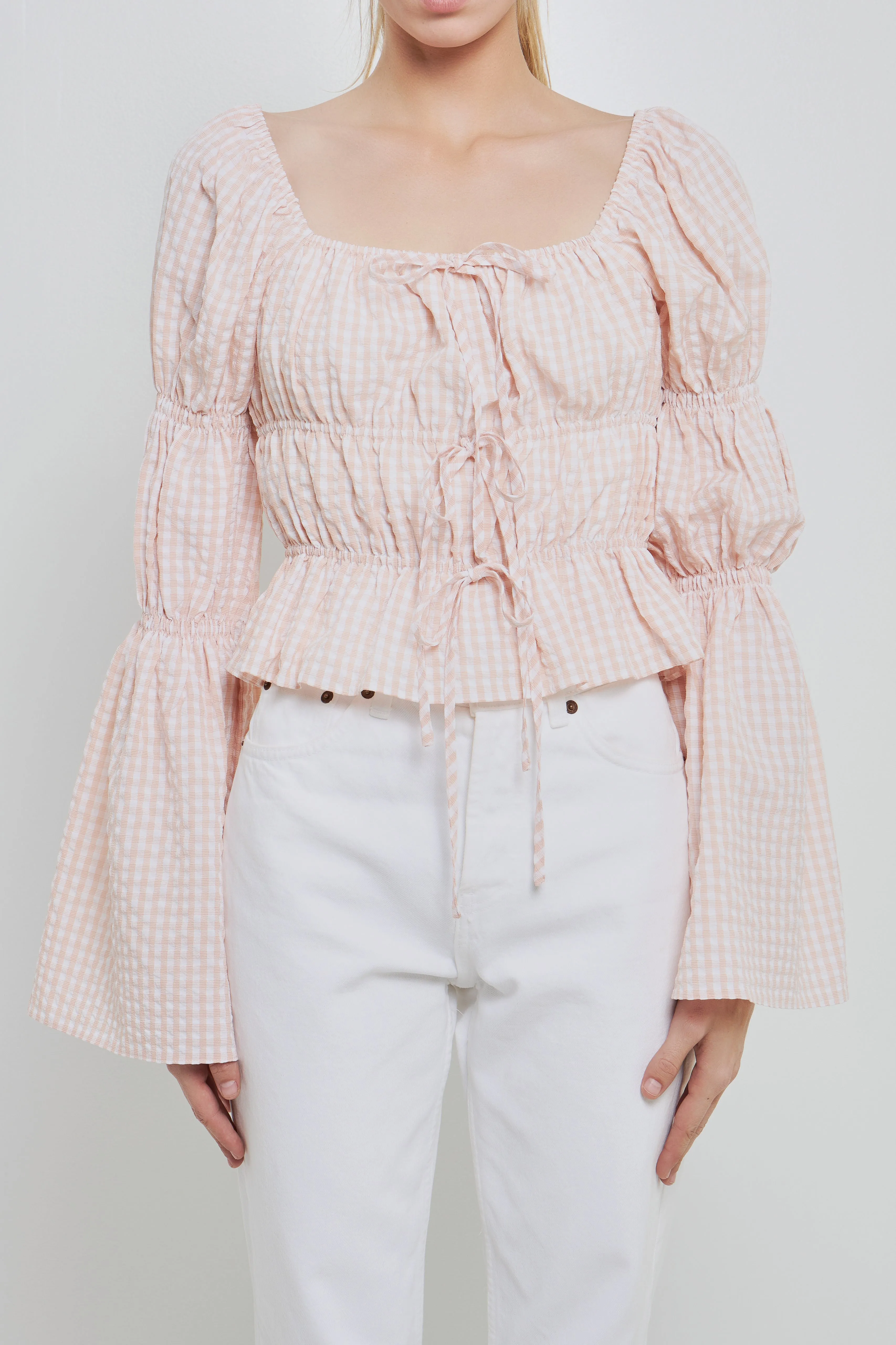 Tie Detailed Shirring Top with Long Sleeves