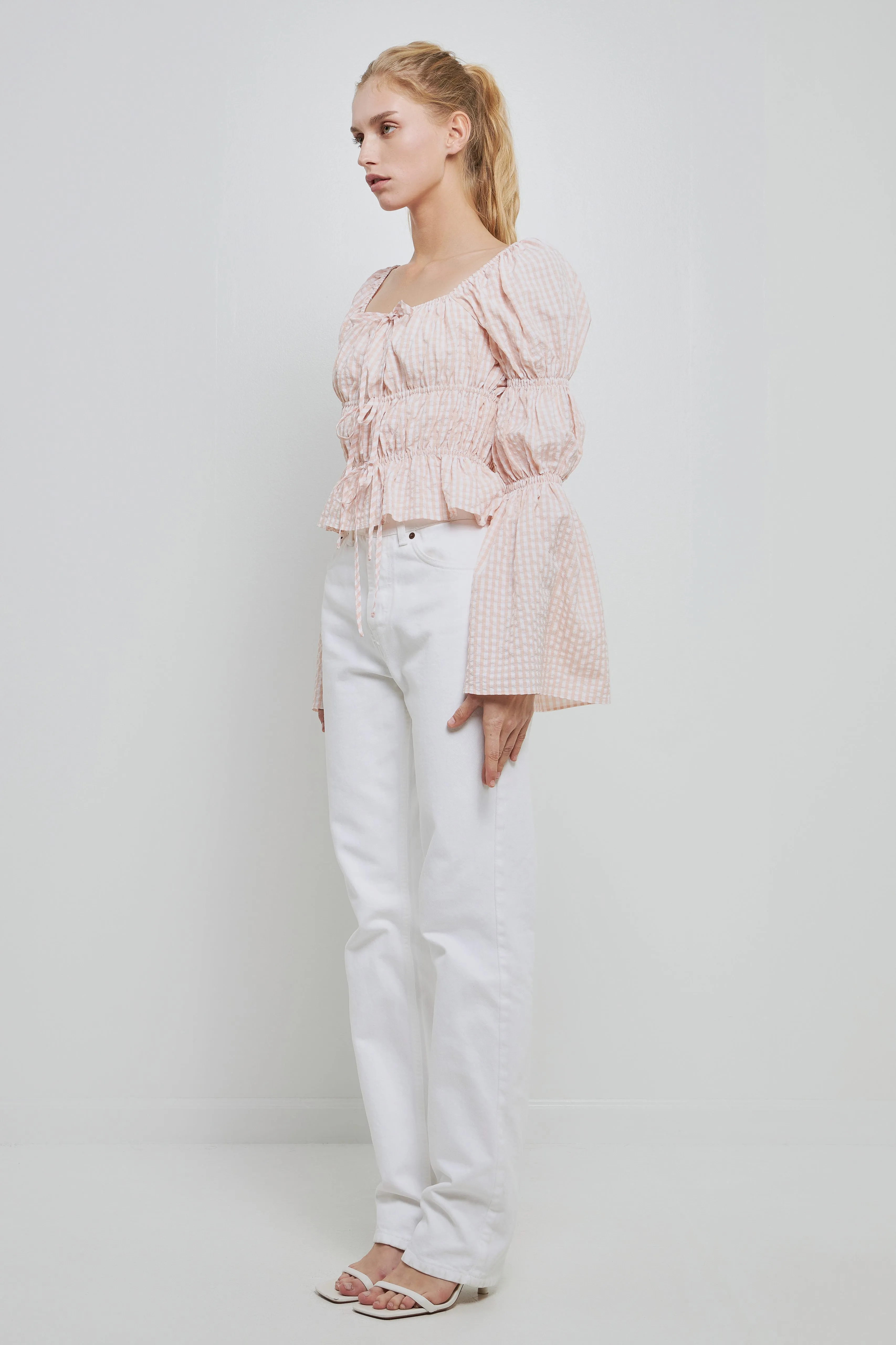 Tie Detailed Shirring Top with Long Sleeves