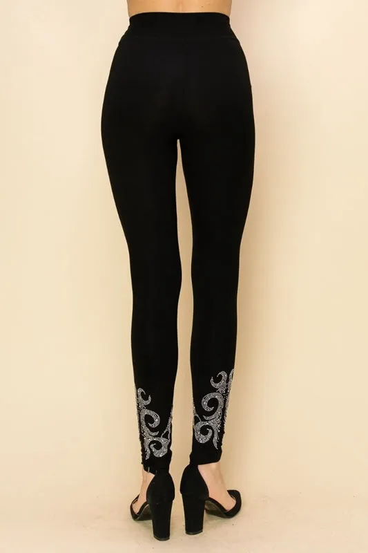 Vocal Scroll Stones Embellished Leggings - Black