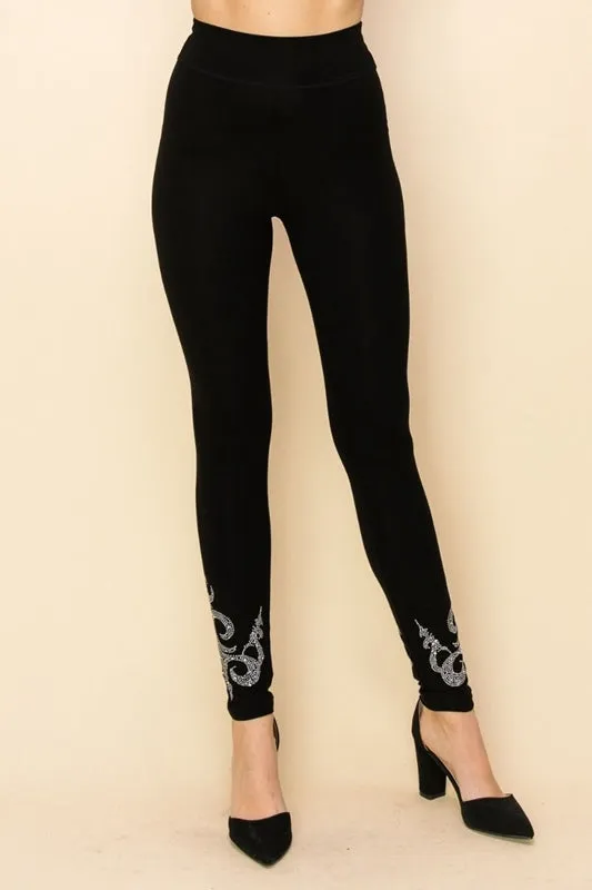 Vocal Scroll Stones Embellished Leggings - Black