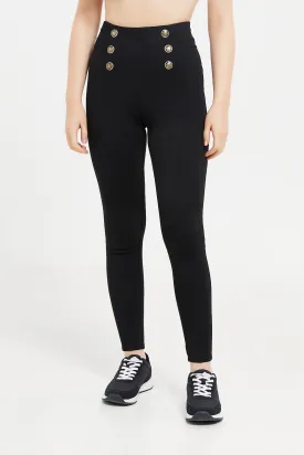 Women Black Ponte Legging With Buttons